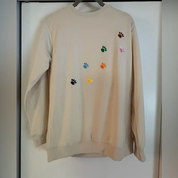 NWOT-Cream Sweatshirt with Colorful 
Embroidered mini Paw Prints - Picture 2 of 9
